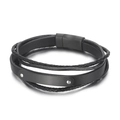 Pulsera multicapa de cuero negro con placa de metal personalizable y cierre magnético - Negro