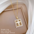 Detail of gold titanium square cross pendant with cubic zirconia and dimensions data - Gold Square Shell Cross Style
