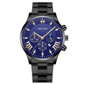 Men's black stainless steel chronograph watch with blue sunray dial and gold indices - Blue Dial Gold Hands Black Case (Curved Lug)