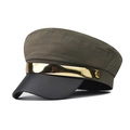 Detail of a chic military style baker boy hat with gold metal band and leather brim - Army Green (Gold Trim)