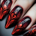 Lange mandelförmige Kunstnägel mit roten Gothic-Mustern auf glänzend schwarzer Basis - Rot Schwarz Silber Stromlinien Flamme Stiletto Stil (AW515)