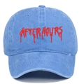 Detailed close-up of the red AFTER HOURS 3D embroidery on a blue cotton baseball cap - One Size / Light Blue