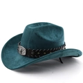 Vintage teal western cowboy hat with embossed bull head metal buckle and leather strap - M (56-58cm) / Dark Green