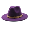 Detail of purple fedora hat with flat brim and gold-studded mustard ribbon trim - M(56-58cm) / Purple