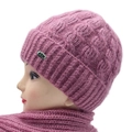 Winter knitted purple cable-knit hat and scarf set with fleece lining for women - Beanie / Dusty Pink