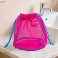 Pink and blue mesh beach storage bag with drawstring on a marble surface - Drawstring Bucket Bag Rose Red 19x19x22cm