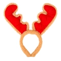 Christmas reindeer antler headband with bells in red and brown plush fabric finish - Red Reindeer Horns