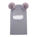Detail of grey knitted balaclava with dual purple faux fur pom-poms and warm lining - Light Gray