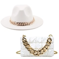 Set cappello in feltro di lana bianco e borsa a nuvola con catena dorata spessa - M(56-58cm) / Set con Zirconia Bianca