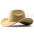 Detail of khaki felt cowboy hat showing wide brim stitching and pinched crown design - M (56-58cm) / Camel