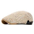 Berretto newsboy retrò in tweed beige e bianco con visiera marrone e cinturino in pelle - Regolabile / Cachi