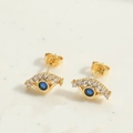 Minimalist evil eye stud earrings with blue stone and white cubic zirconia in gold finish - Eyelash Evil Eye - White Zircon