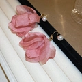 Detail of pink fabric flower earrings with faux pearl accent and golden metal clip-on back - 15# Pink Fabric Flower Ear Clip