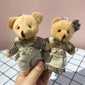 Pair of brown linen teddy bear keychains in plaid shirts and beige overalls - Brown White Bowknot (Single) / 11cm
