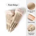 Women's pearl beige thermal winter gloves with faux fur cuff and touchscreen function - One Size / Khaki