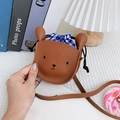 Brown leather bear mini crossbody bag with blue checkered drawstring for kids - Small / Brown