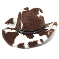 Détail du chapeau de cowboy en peluche à motif vache avec boucle de tête de taureau - M (56-58cm) / Couronne Droite Café