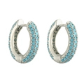 Detail view of silver hoop earrings featuring pavé-set vibrant blue turquoise gemstones - White Gold Lake Blue Zircon