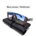 Oversized square half-frame sunglasses with blue gradient lenses and colorful rhinestones - Blue Lens Colorful Rhinestone