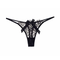 String sexy en dentelle noire pour femmes avec broderie florale et petit nœud satin - M / Noir