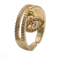 Adjustable golden evil eye ring with sparkling white cubic zirconia micro-pave charms - Evil Eye Pendant Double Layer Style / Gold