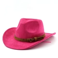 Dettaglio cappello cowboy scamosciato rosa con cinturino in pelle marrone e fibbia dorata - M(56-58cm) / Rosa Rosso