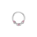 Silver hinged nose ring with three pink zircon butterfly charms on white background - Triple Bowknot / Silver