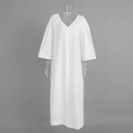 Detailed view of white cotton V-neck dress featuring loose sleeves and side slit design - S / White