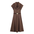 Vestido midi de seda marrón con cuello drapeado, cinturón y hebilla dorada - XS / Marrón Oscuro