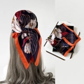 Navy blue satin silk square scarf with floral print and orange border in flat and headwear view - L7343-Orange Edge