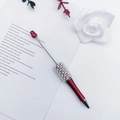 Creative red metal beaded pen with white pearls and sparkling diamond accents - Red