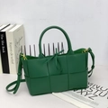 Grass green woven leather tote bag with large checkered pattern and long shoulder strap - Racing Green