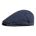 Classic dark blue denim flat cap with adjustable metal buckle and retro twill texture - Navy Blue