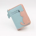 Close-up of light blue short wallet with pink polka dot cat motif and zipper closure - Short Style / Light Blue