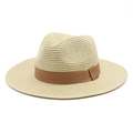 Close-up of woven straw texture and brown decorative ribbon on beige Panama hat - M (56-58cm) / Beige