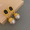 Detail shot of vintage court style gold earrings with black stone and white pearl - Black Square Stone Vintage Pearl (HE11568)