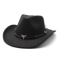Detail of western black felt cowboy hat featuring bull skull buckle and rivet leather band - M (56-58cm) / Black