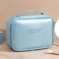 Blue PU leather cosmetic bag with top handle and Travel & Fashion printed text - Handheld Large / Blue