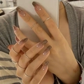 Long trapezoid coffee gradient press-on nails with micro-rhinestones in glossy finish - Coffee Brown Ombre Minimalist Rhinestone (N5082)