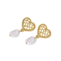 Elegantes pendientes de corazón en acero inoxidable con baño de oro 18K y perlas - Dorado