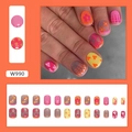 24pcs short French press-on nails with colorful heart and flower patterns in pink and orange - W990 Multi-colored Flower Style (Glue Type)