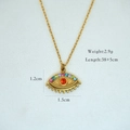 Detail of 14k gold plated evil eye pendant with multi-color rhinestones and dimensions - 1198 Simple Evil Eye