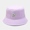 Close-up of cute avocado embroidery on light purple cotton bucket hat with stitching detail - M (56-58cm) / Light Purple