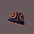 Handmade crochet bucket hat with navy blue and orange floral knit patterns for winter fashion - One Size / Navy Blue Five Flowers Hat