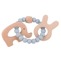 Gray silicone bead teether set with beech wood elephant and rabbit shapes for babies - Grey Blue
