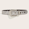 Close-up of a silver Y2K rhinestone belt featuring shiny glitter and metal eyelets - 3.8cm Width L-Size (115cm) / Silver