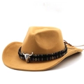 Camel felt western cowboy hat with ethnic braided band and silver bull head ornament - M (56-58cm) / Yellow