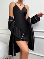 Conjunto de pijama de seda helada negra con bata de satén y camisón con ribete rosa - S / Negro