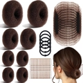 Hair donut bun maker set with brown foam rollers, elastics, pins and hairnet tools - 63-Piece Coffee Set / Brown