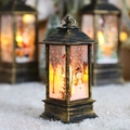 Vintage bronze Christmas lantern with snowman painting and warm LED candlelight - Small Grit Gold Snowman